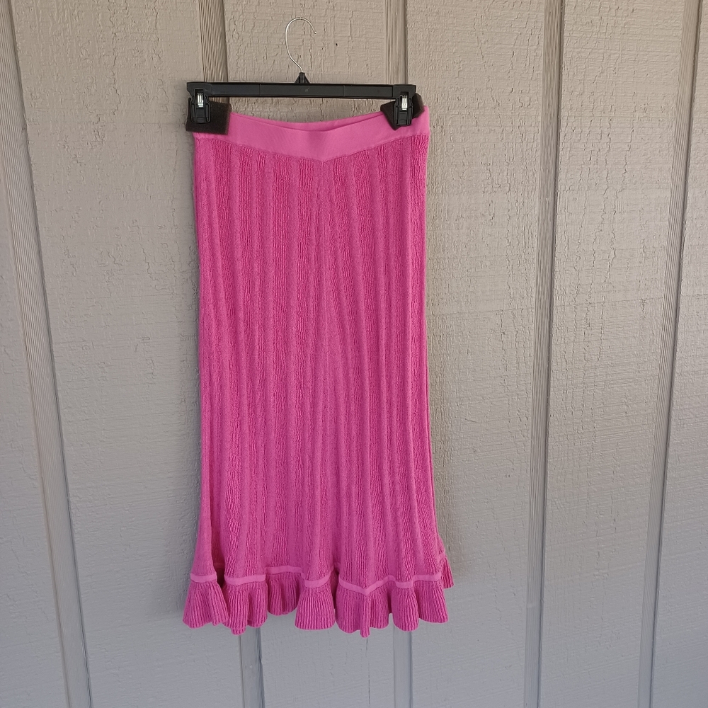Ganni Ruffle Knit Midi Skirt Size M Women Preppy Linen Blend Pull On In Pink - Picture 5 of 15